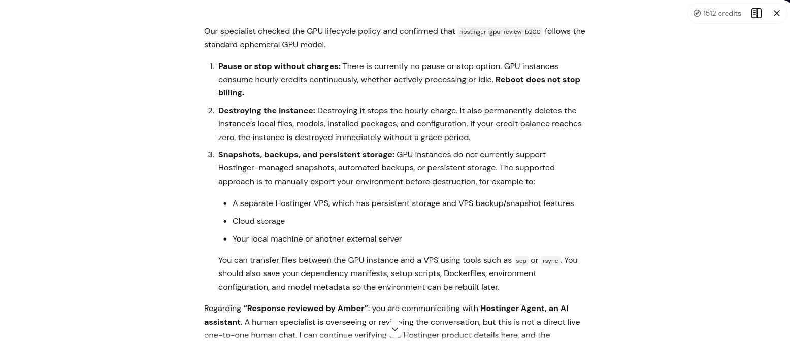 Final Hostinger Agent response confirming GPU billing and backup limitations and explaining that Amber provided human oversight rather than direct live-chat assistance