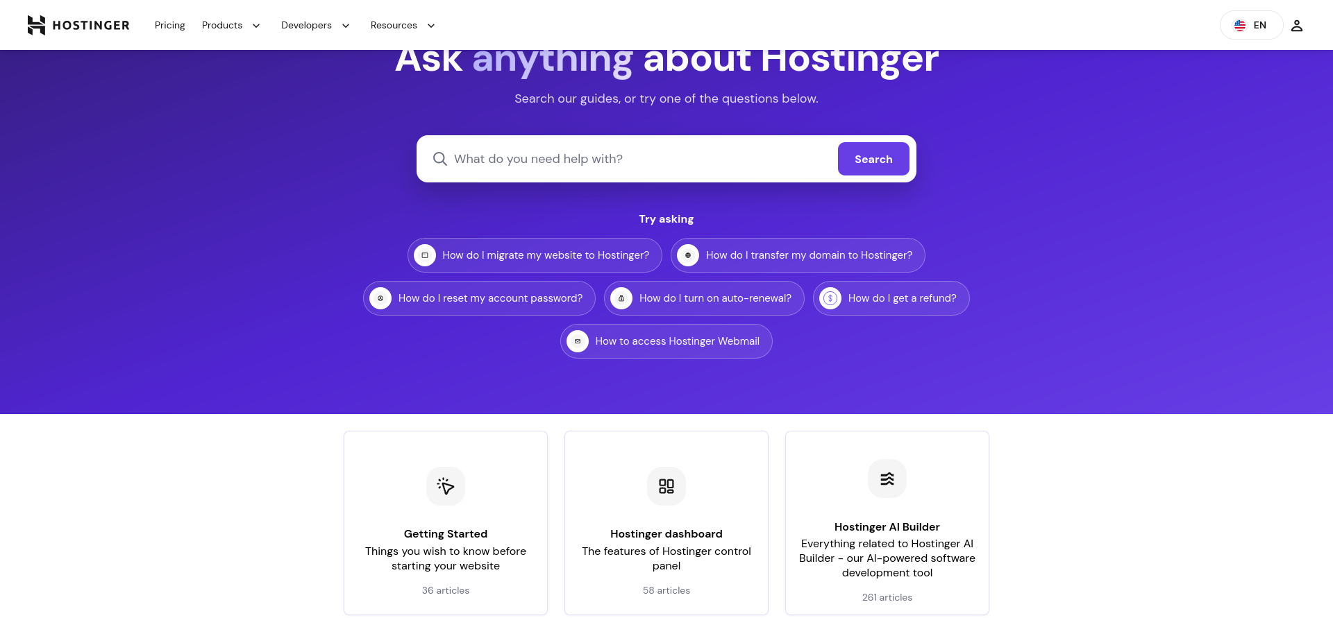 Hostinger Help Center homepage showing the search bar and documentation categories, including VPS, Billing, and Hostinger Dashboard