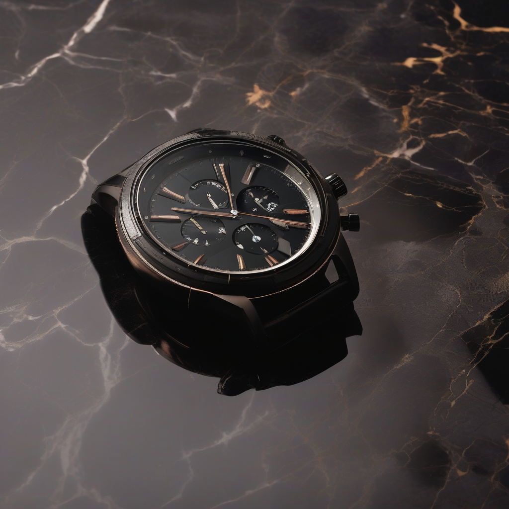 Stable Diffusion XL image generated on Hostinger's NVIDIA B200 showing a black wristwatch on dark marble under studio lighting