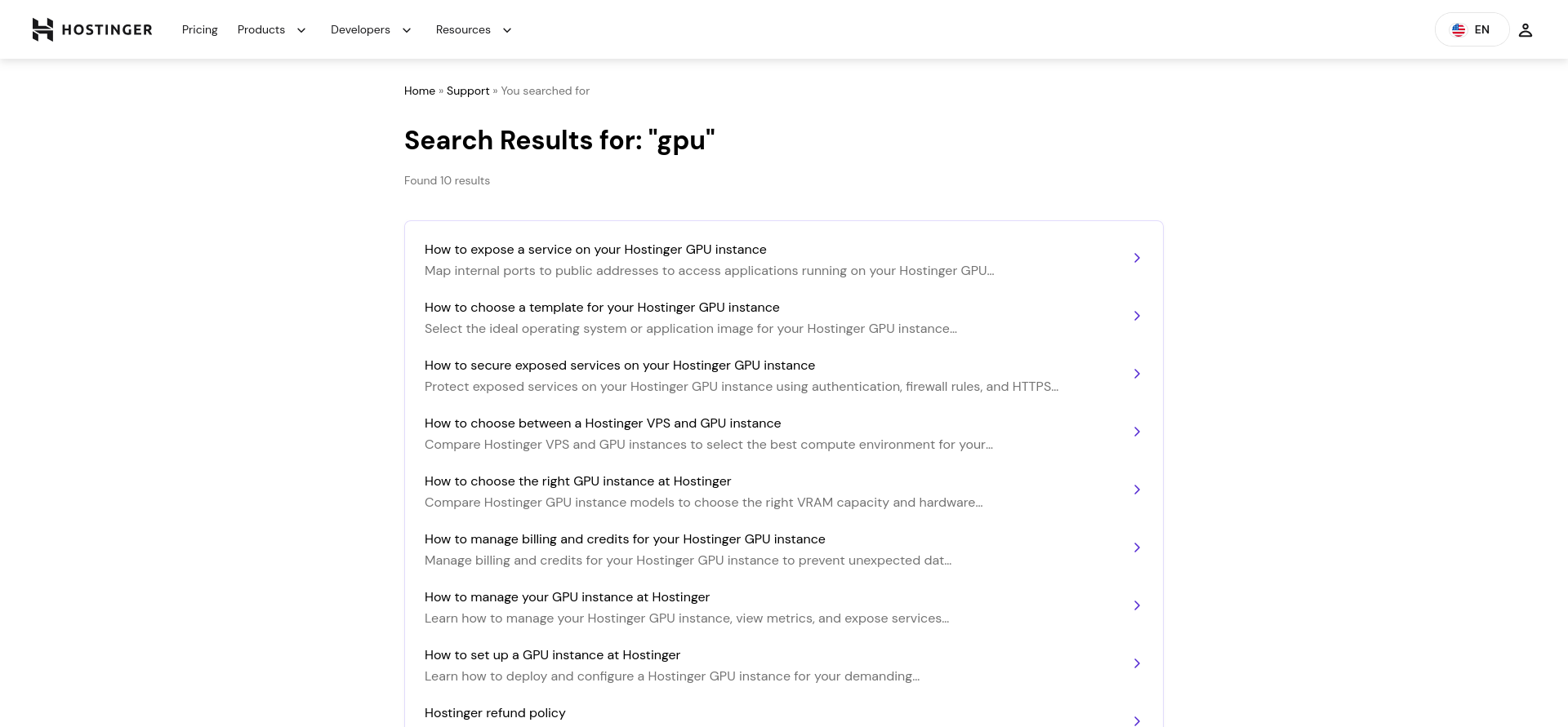Hostinger Help Center search results for 