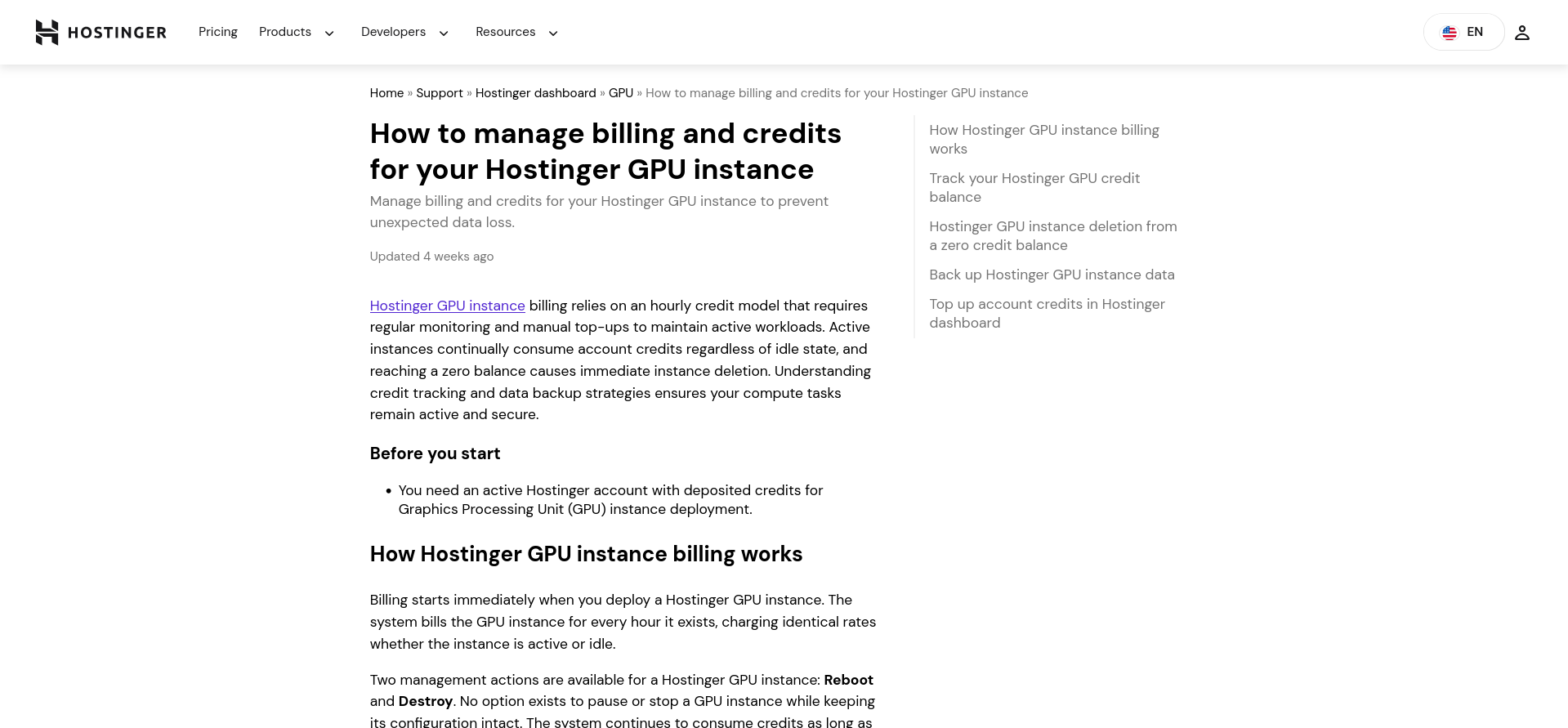 Hostinger GPU billing documentation explaining continuous charges, credit depletion, and permanent data loss