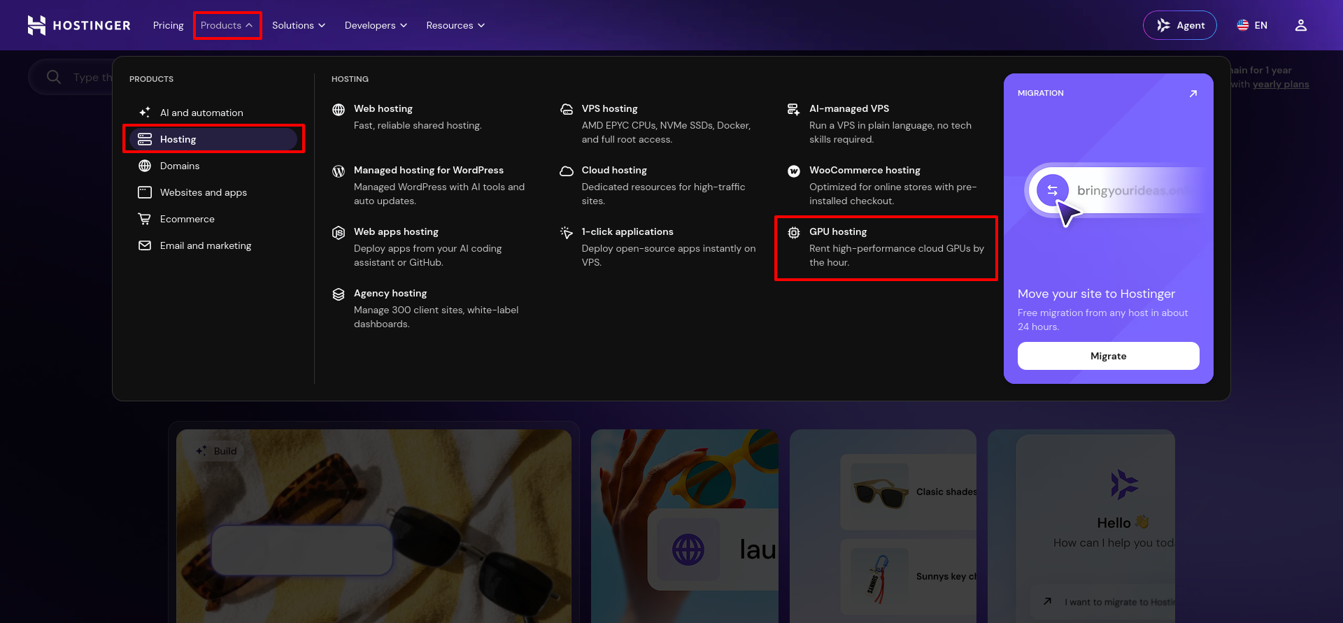 Hostinger Products menu showing Hosting selected and the GPU hosting entry alongside other hosting services