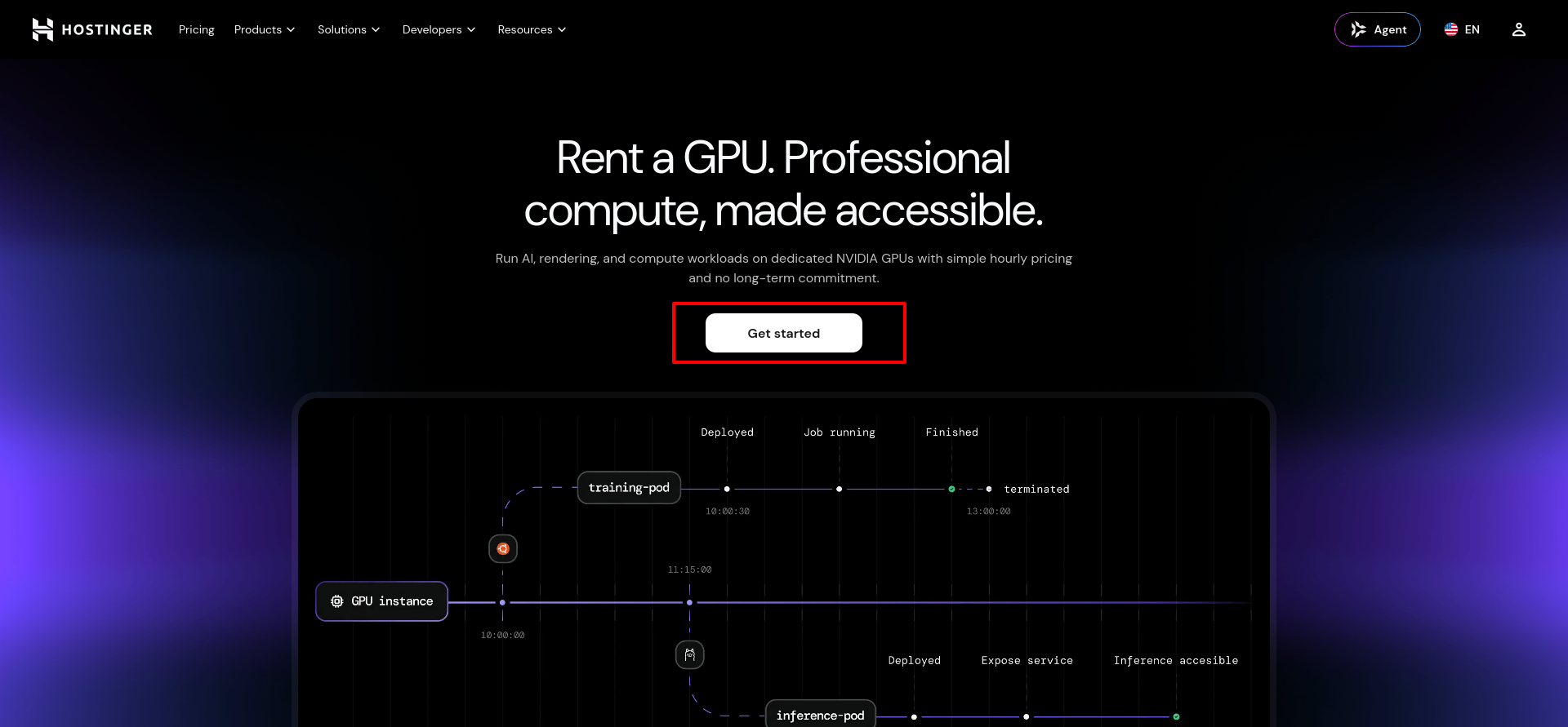 Hostinger GPU Hosting landing-page headline with the Get started button that scrolls to GPU pricing