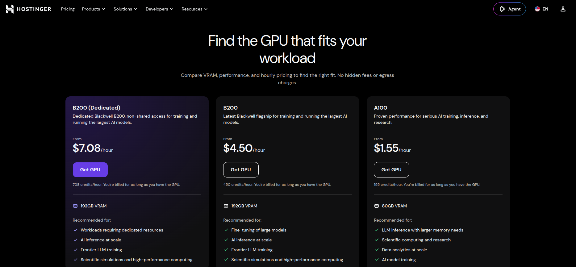 Hostinger GPU Hosting page showing its GPU pricing cards, starting hourly rates, and recommended workloads