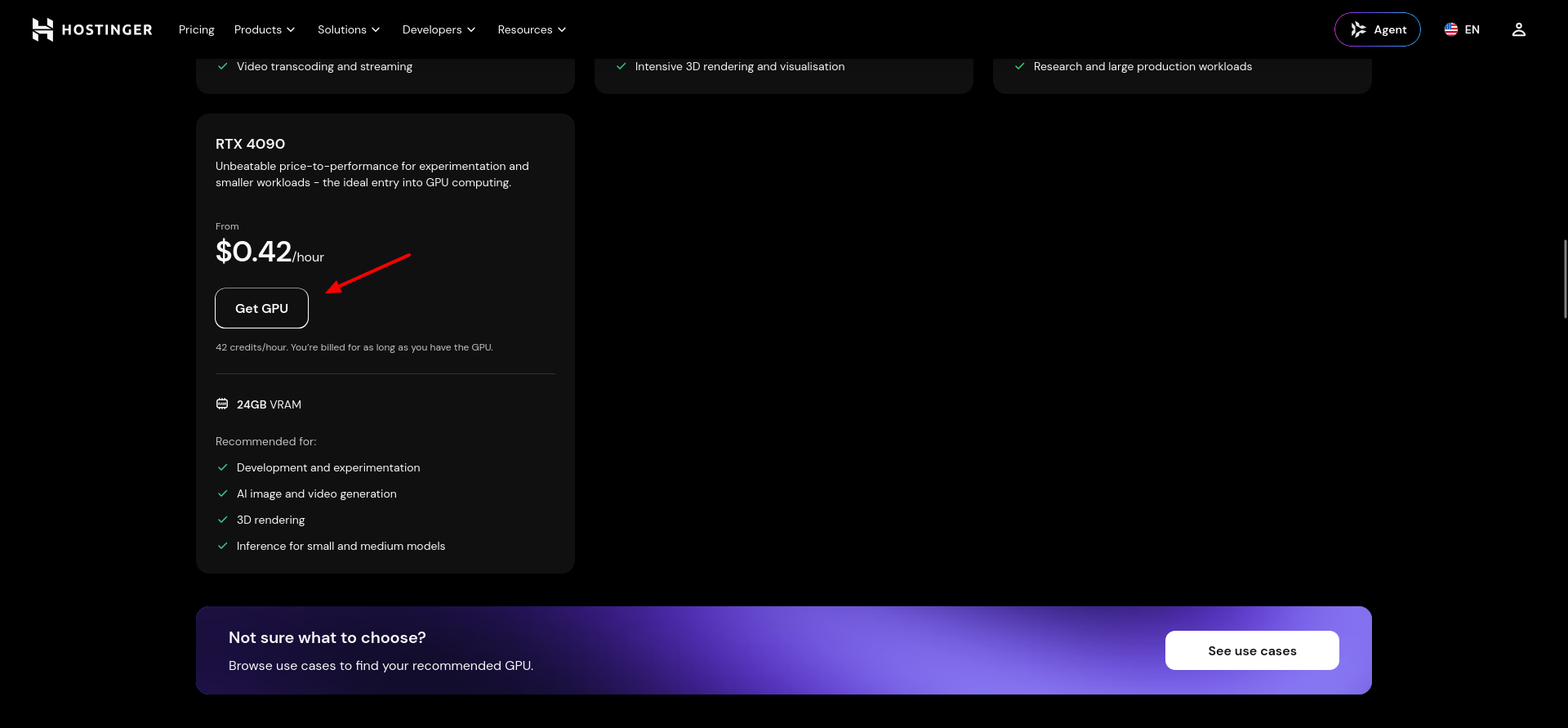 RTX 4090 GPU pricing card showing the $0.42-per-hour starting rate, 24 GB VRAM, suggested uses, and Get GPU button