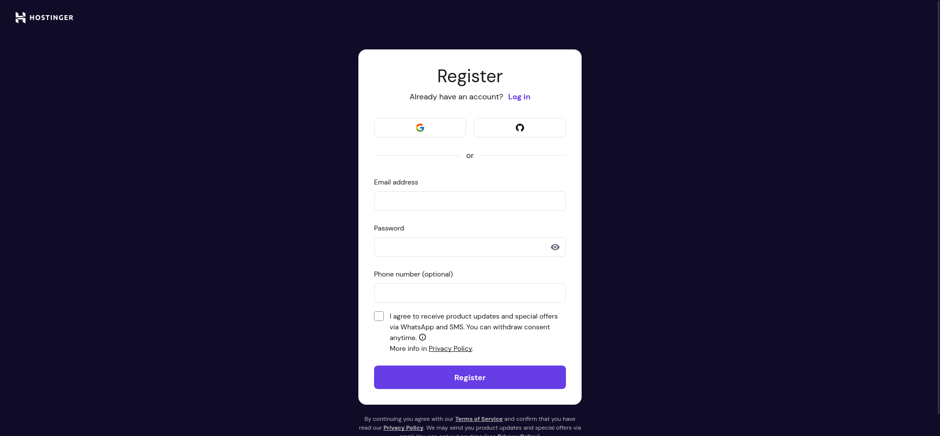 Hostinger Register screen showing Google and GitHub sign-in, email and password fields, an optional phone number, and the marketing consent checkbox