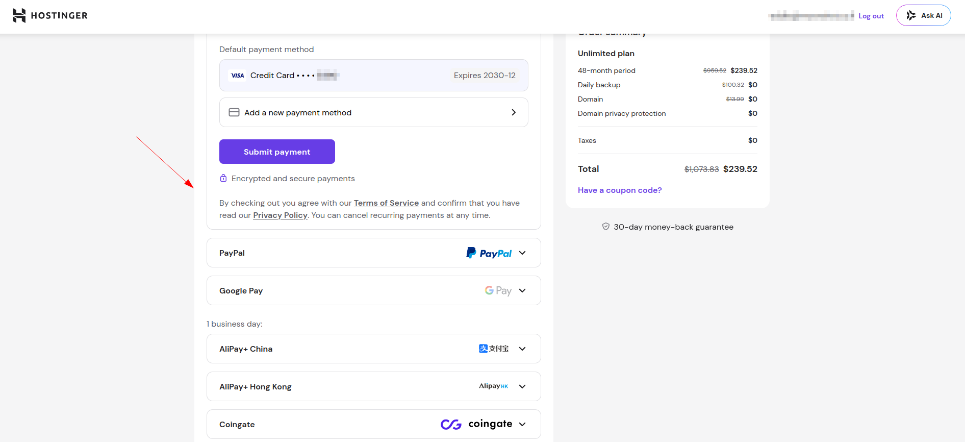 Hostinger’s supplied checkout screenshot shows the price breakdown and payment choices; confirm current totals in the live cart
