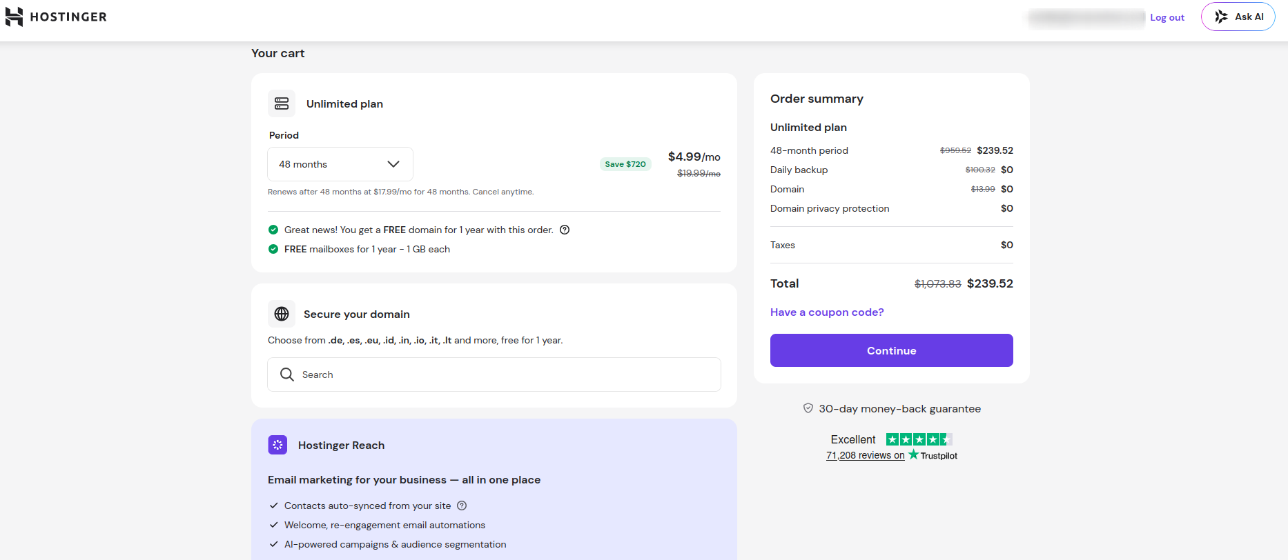 Hostinger purchase page showing billing duration, domain choice, and a simple or