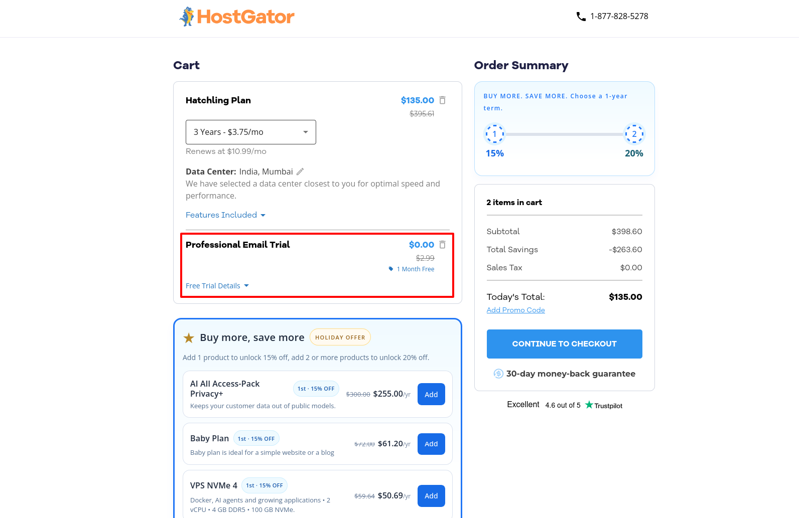 HostGator Hatchling cart showing one-month Professional Email trial, other product offers, optional extras and the final order summary