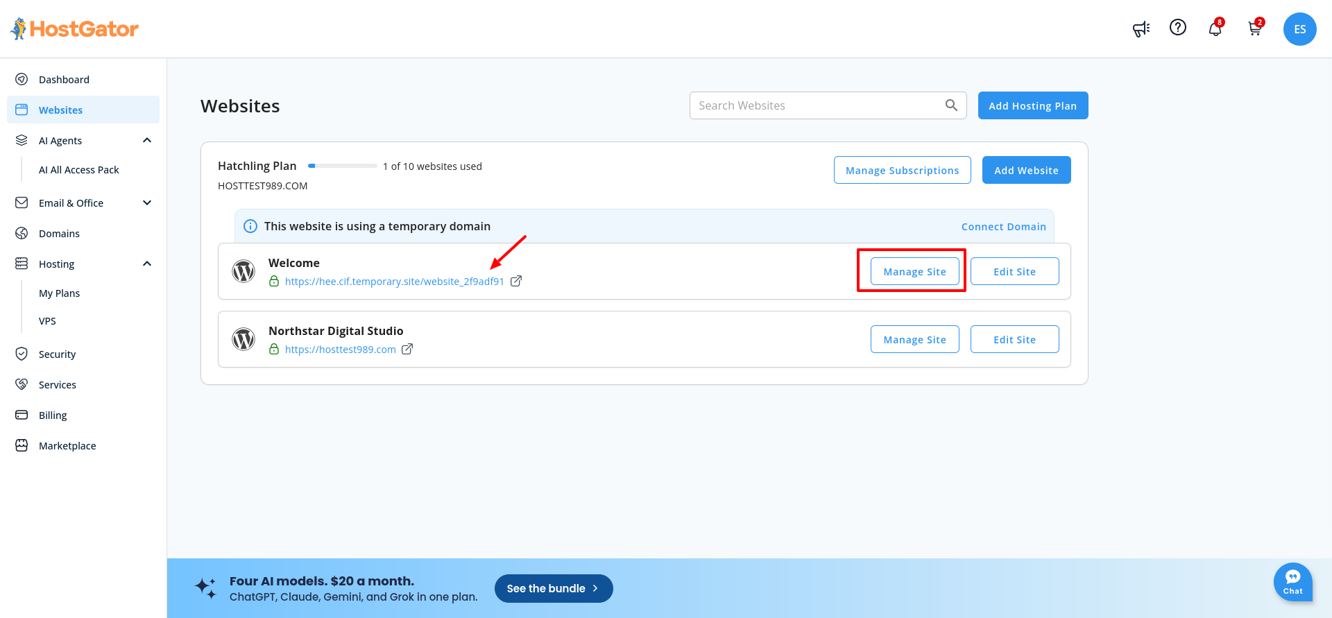 HostGator’s WordPress installation appears in the portal with accessible management actions
