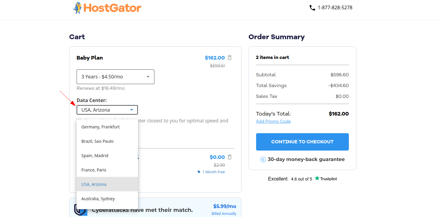 The actual HostGator checkout offered multiple geographic origin choices for Hatchling