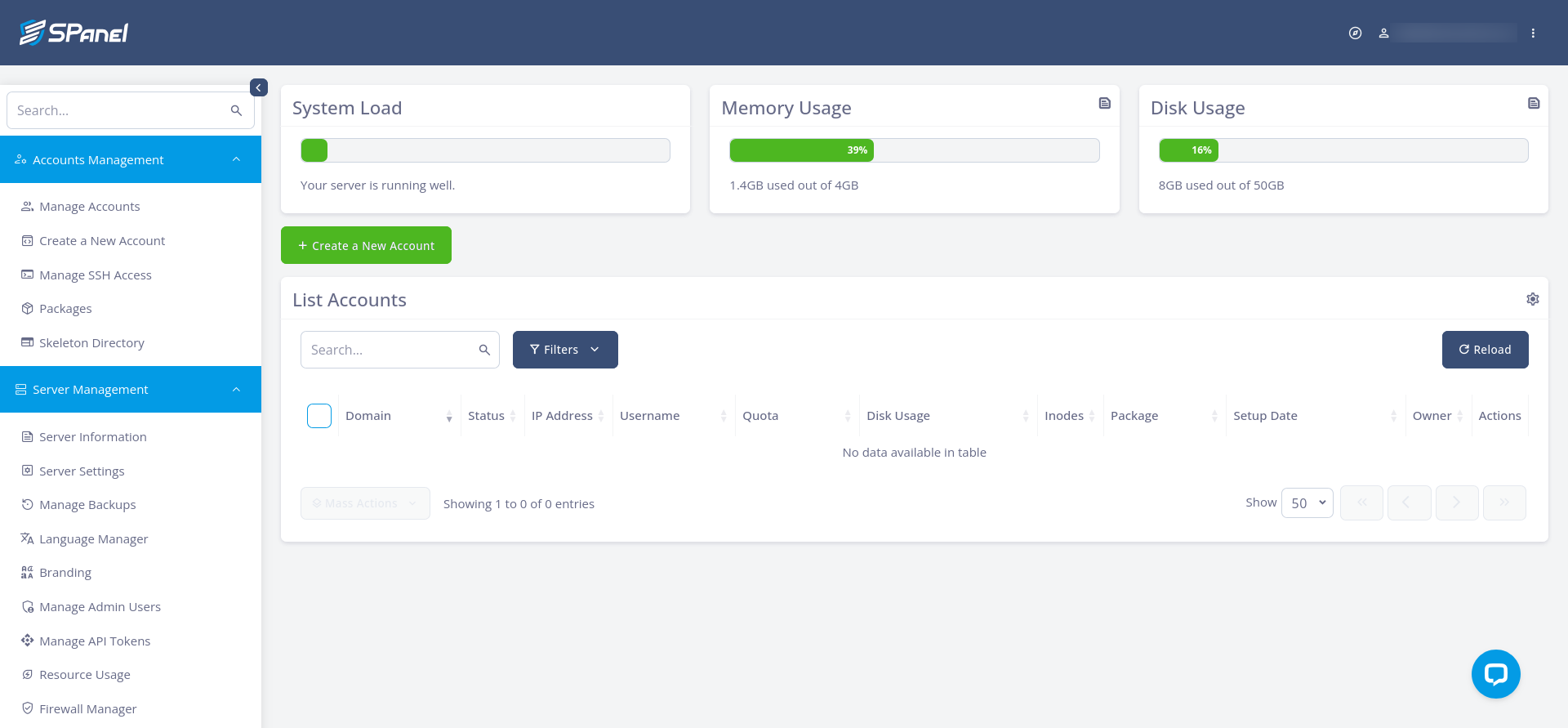 SPanel Admin Interface dashboard for managing the VPS