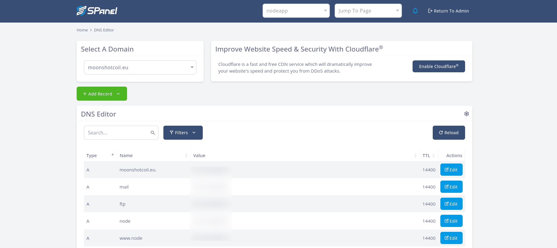 SPanel DNS Editor with DNS records for the account domain