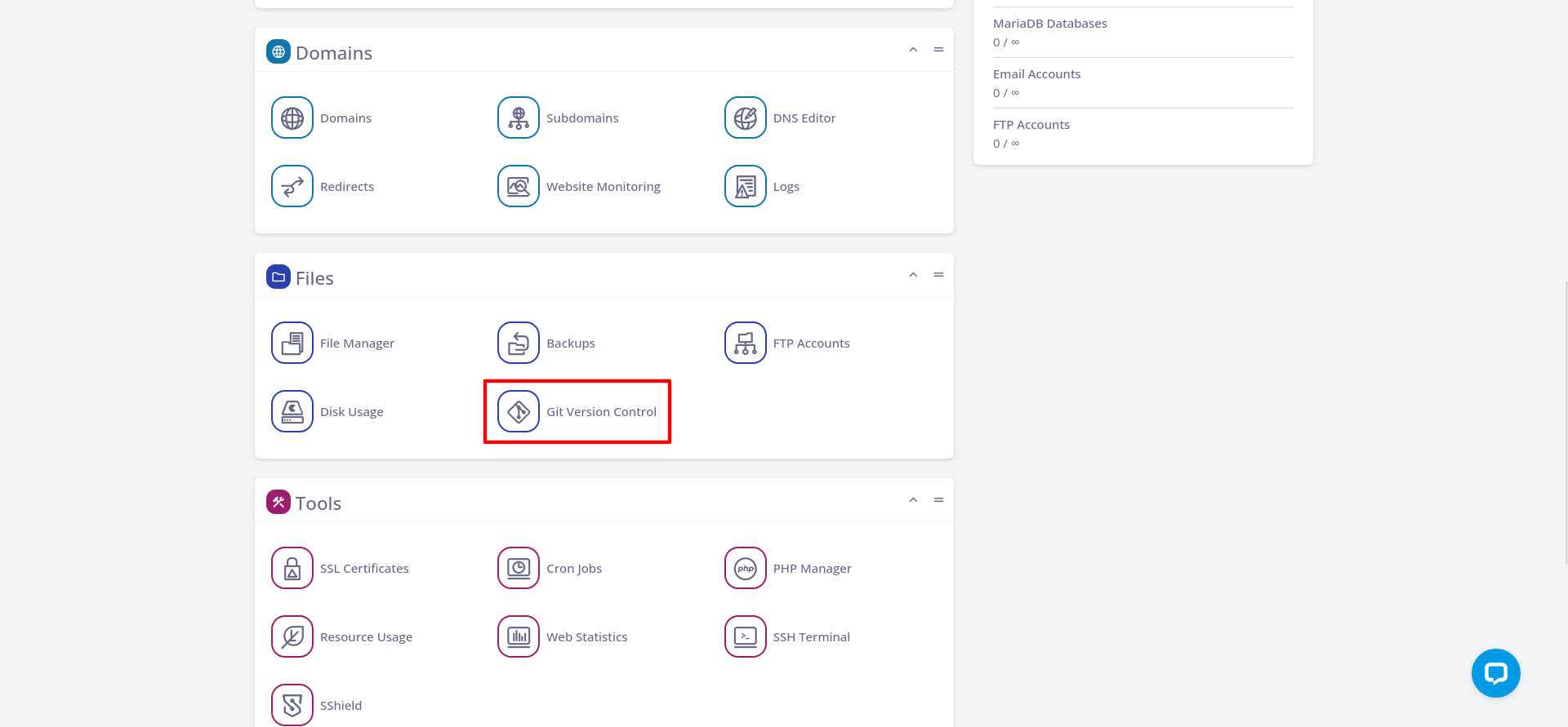 SPanel Files menu with Git Version Control selected