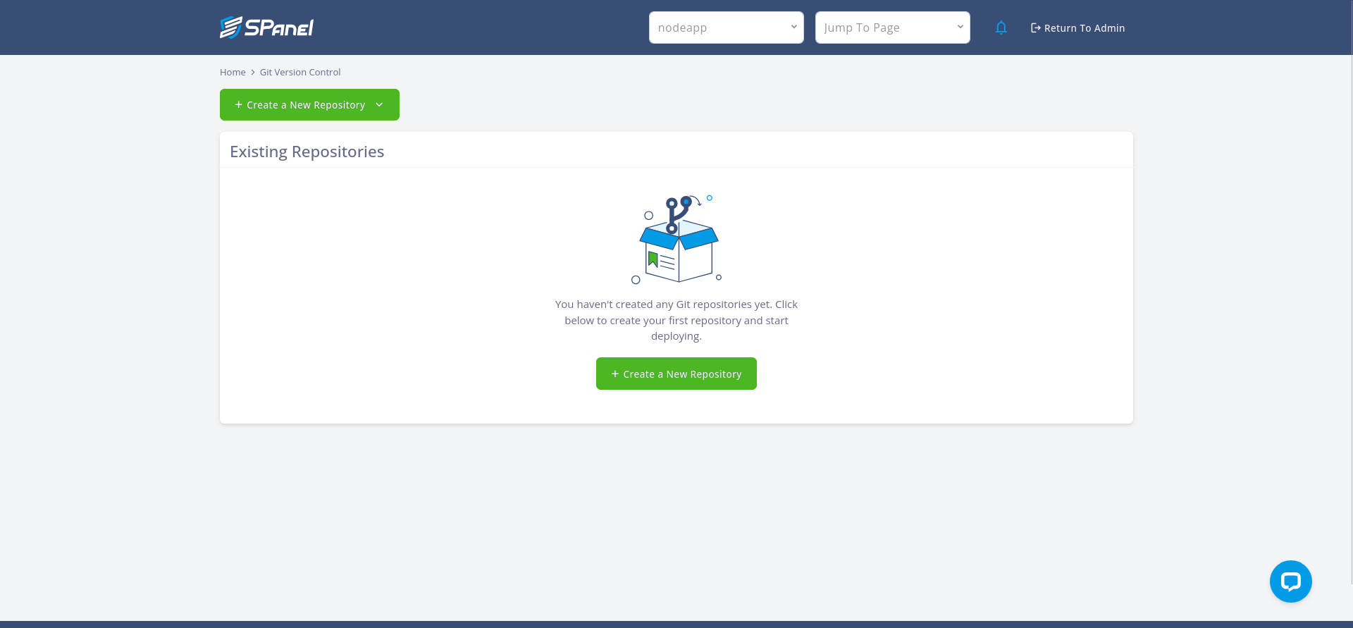 SPanel Git Version Control page before adding a repository
