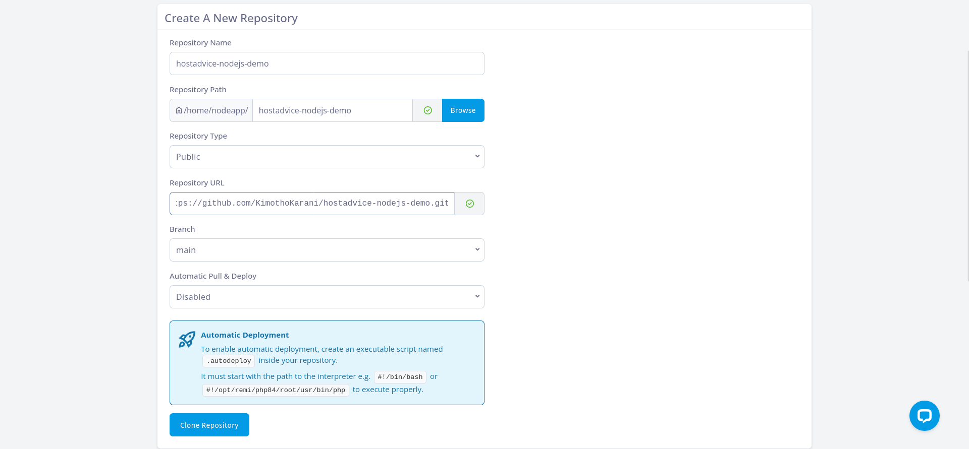 SPanel Git repository form configured for a Node.js project