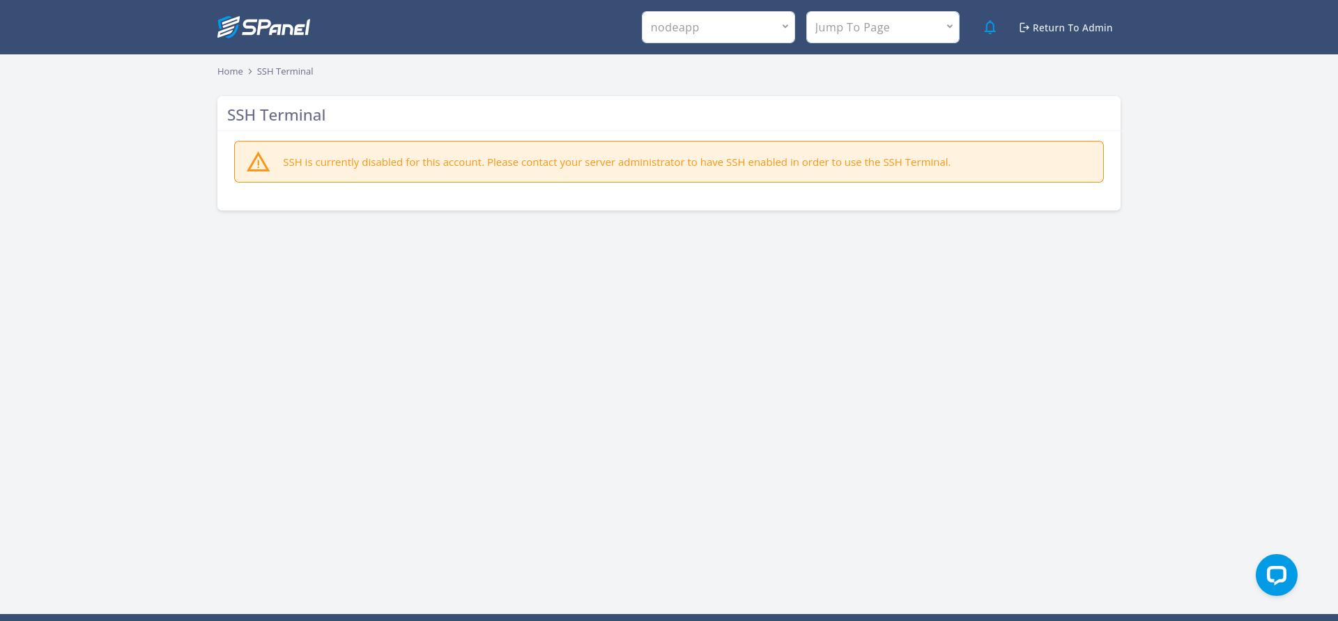 SPanel SSH Terminal showing that SSH access is disabled