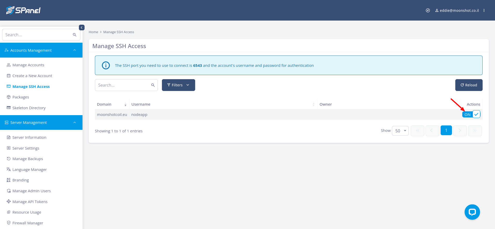 SPanel Manage SSH Access page with SSH enabled for the account