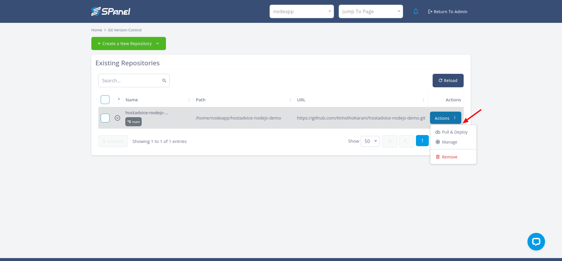 SPanel Git Version Control Actions menu for a repository