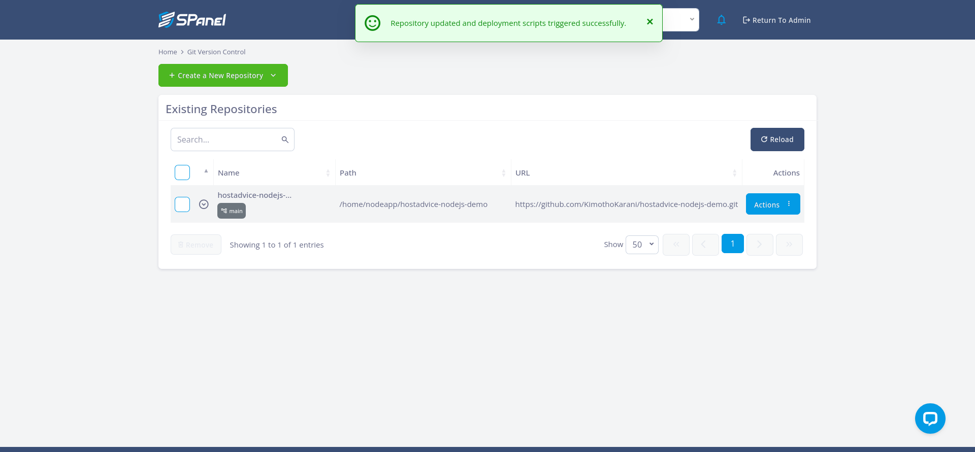 SPanel confirmation that Pull and Deploy completed successfully