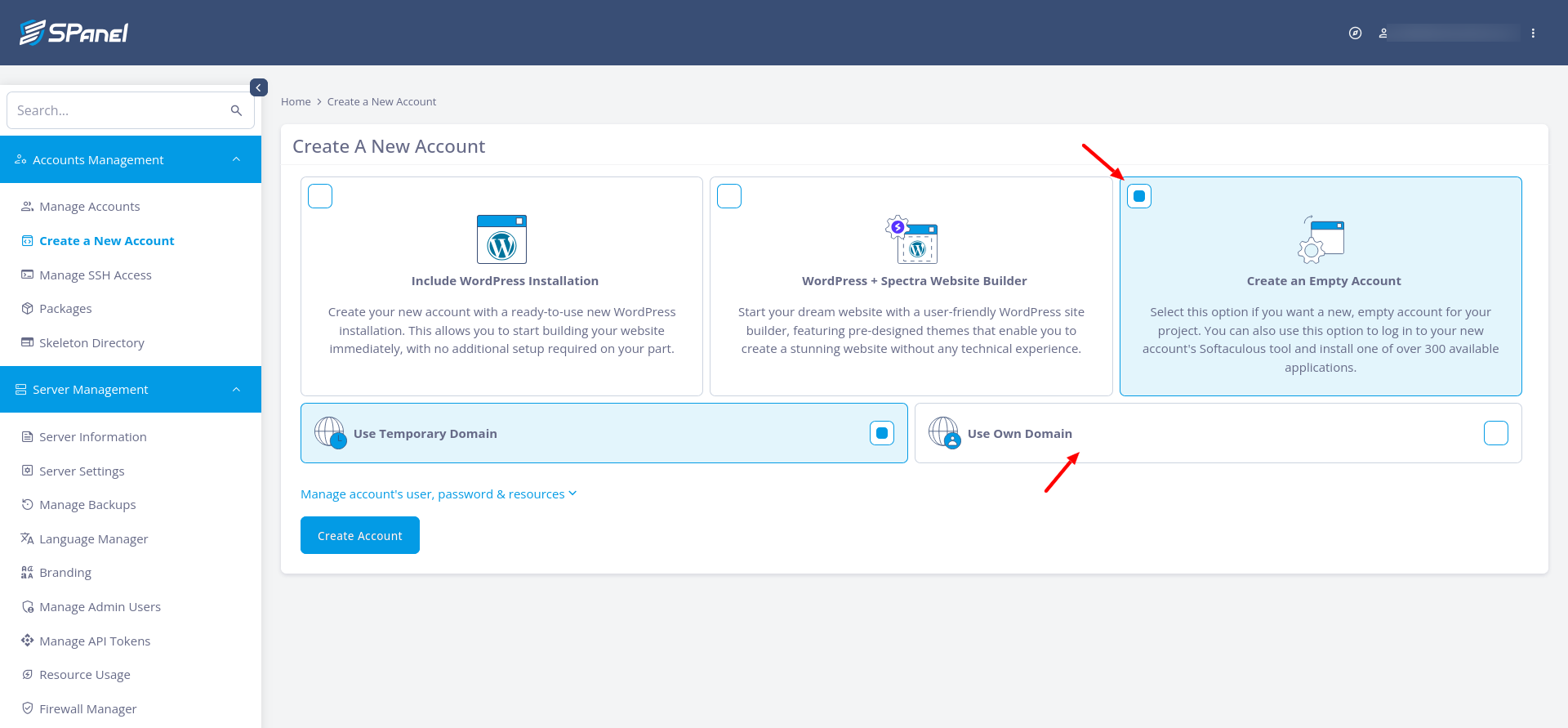 SPanel account setup with Create an Empty Account selected