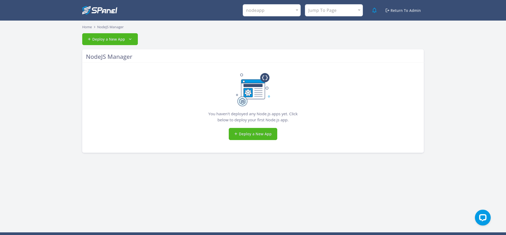 SPanel Software menu with NodeJS Manager selected