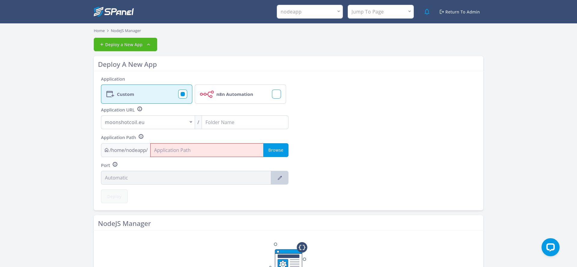 SPanel NodeJS Manager page with the Deploy a New App option