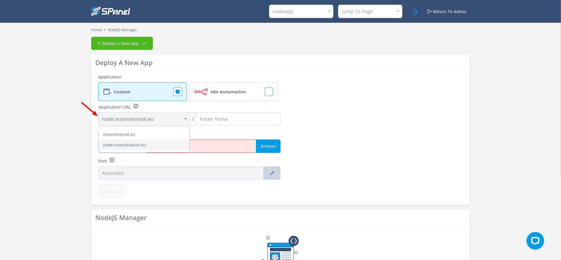 SPanel NodeJS Manager application URL selector