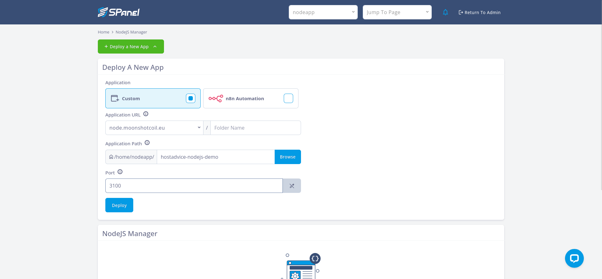 SPanel Node.js deployment form with application path and internal port