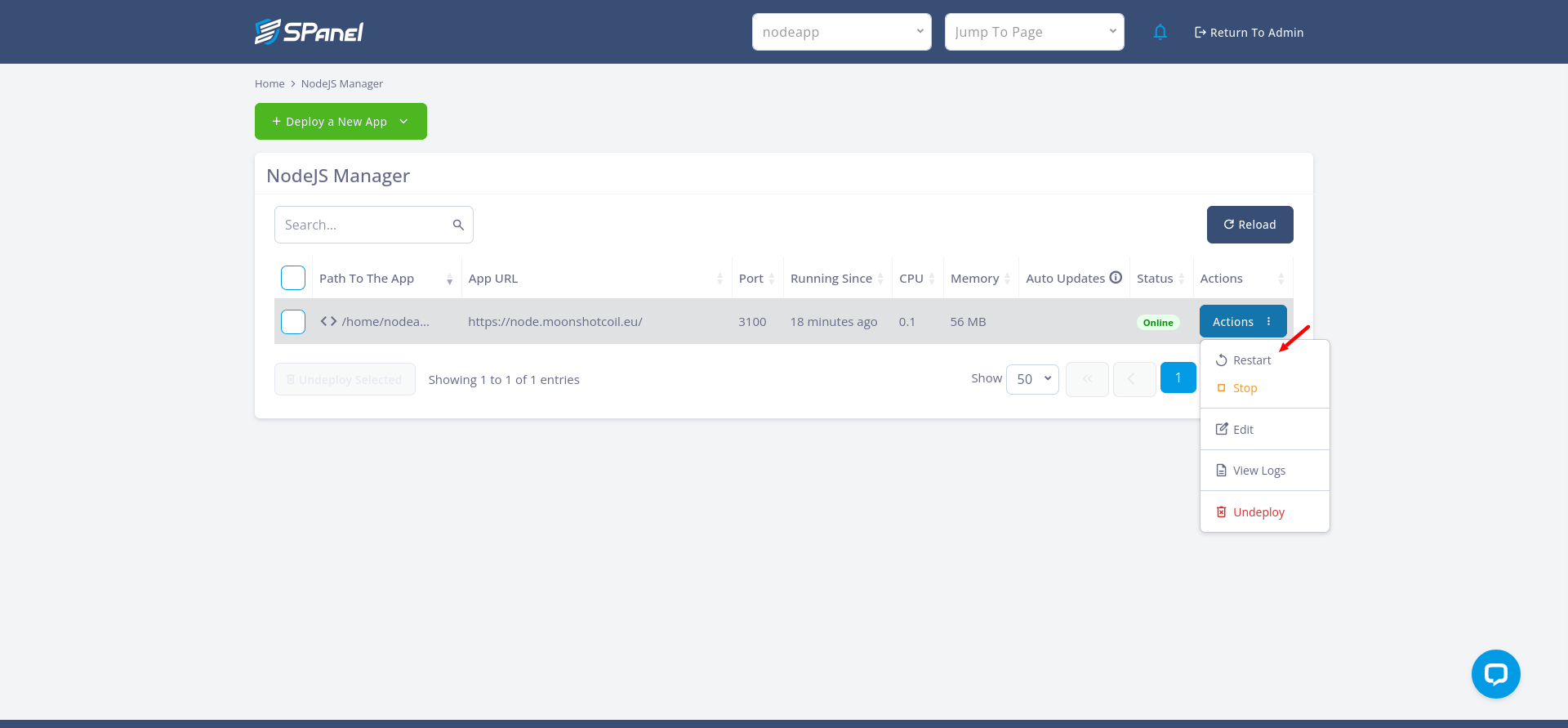 SPanel NodeJS Manager Actions menu with Restart available