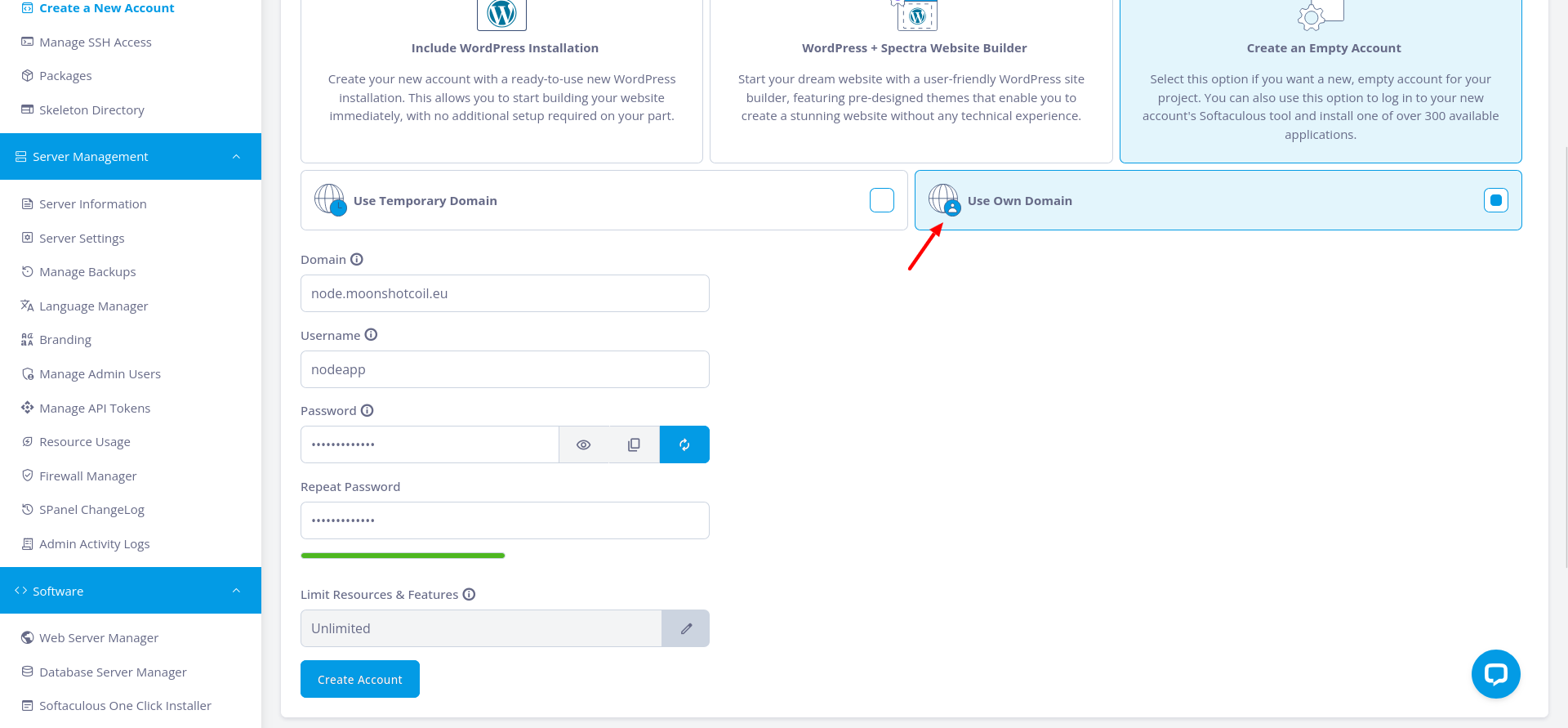 SPanel account form with a parent domain and account username