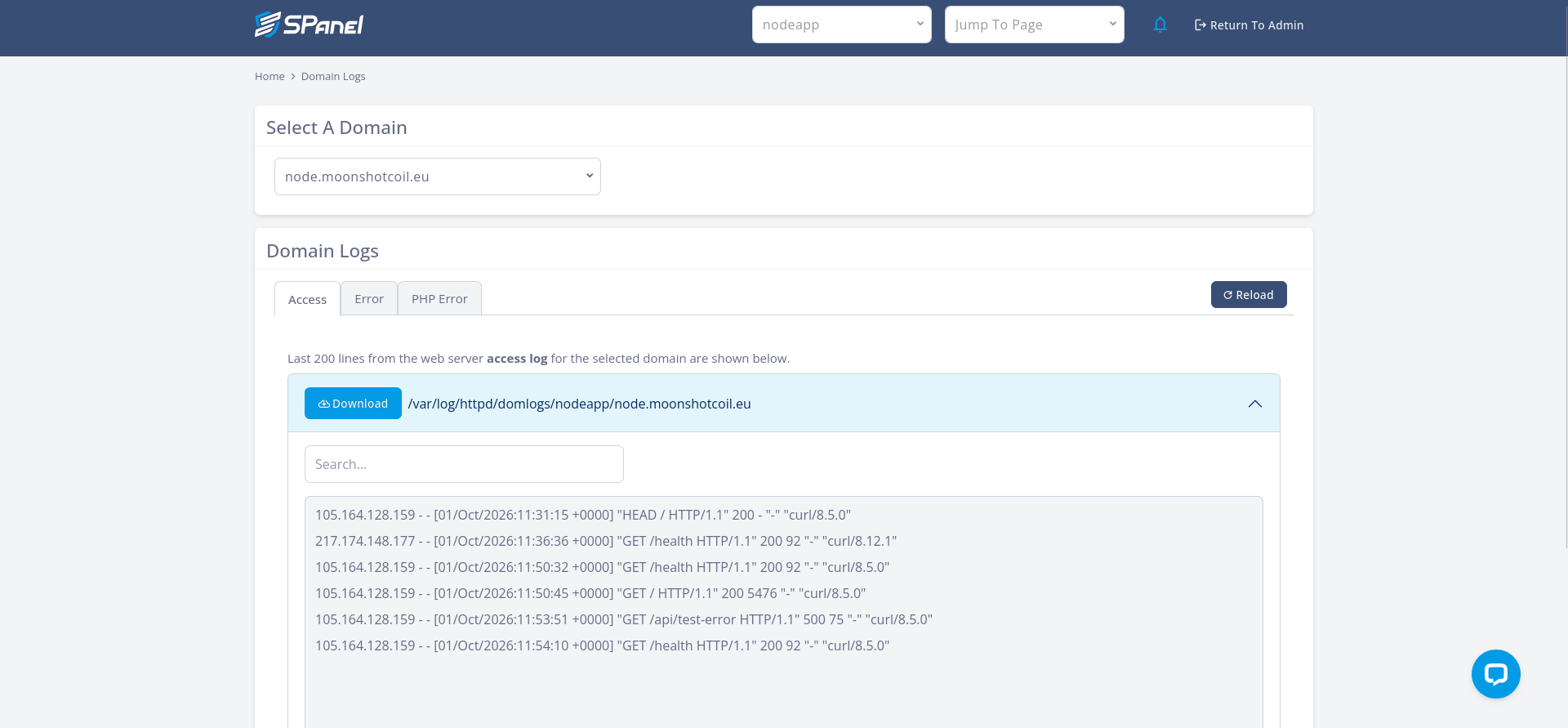 SPanel domain error log for the Node.js application
