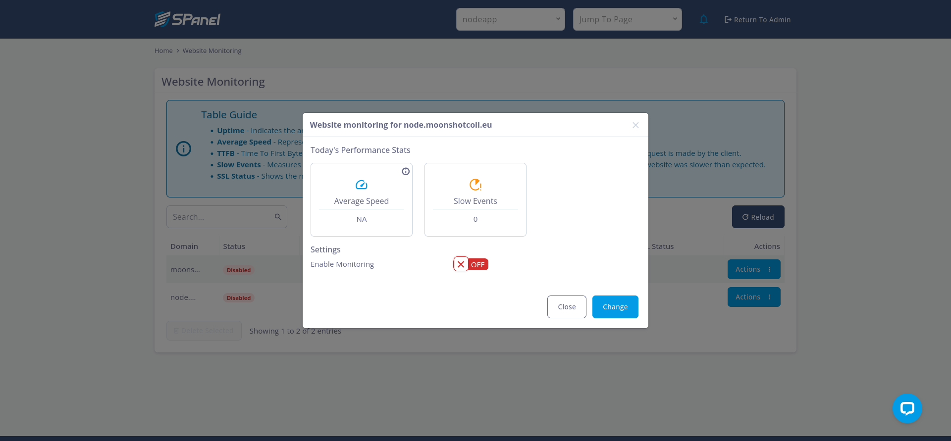 SPanel Website Monitoring settings with the Enable Monitoring toggle