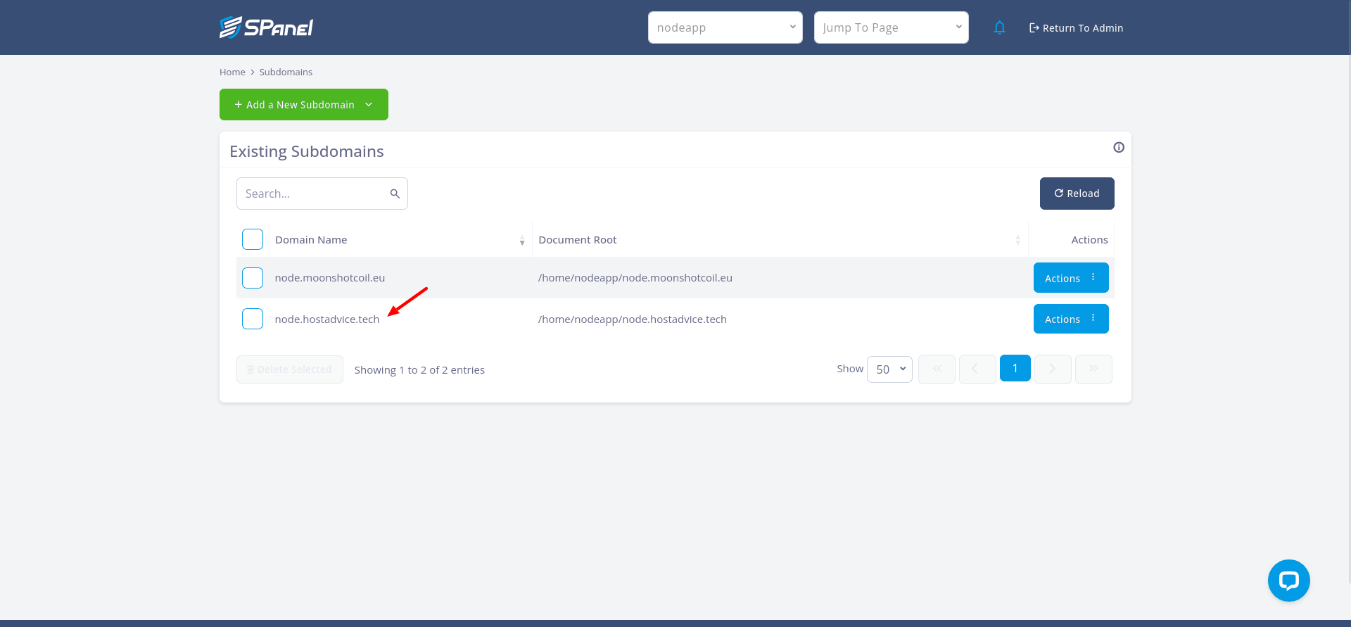 SPanel Git and NodeJS Manager configuration for the public application hostname