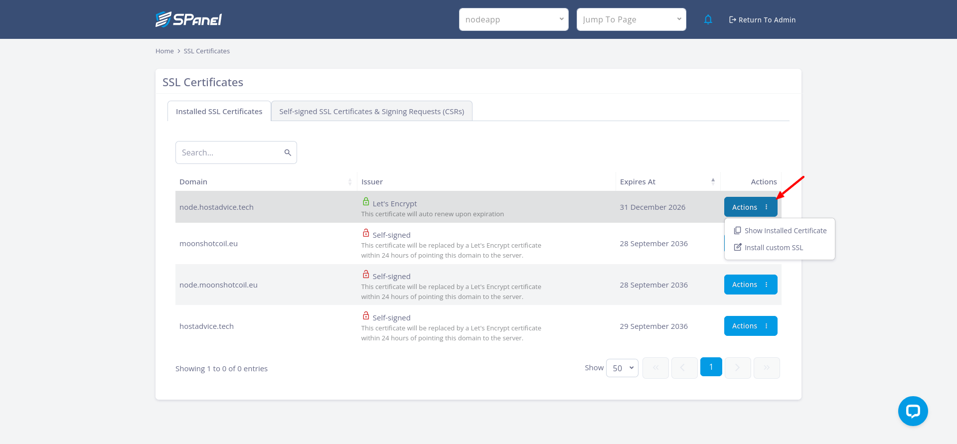 SPanel SSL Certificates action to install a Let’s Encrypt certificate