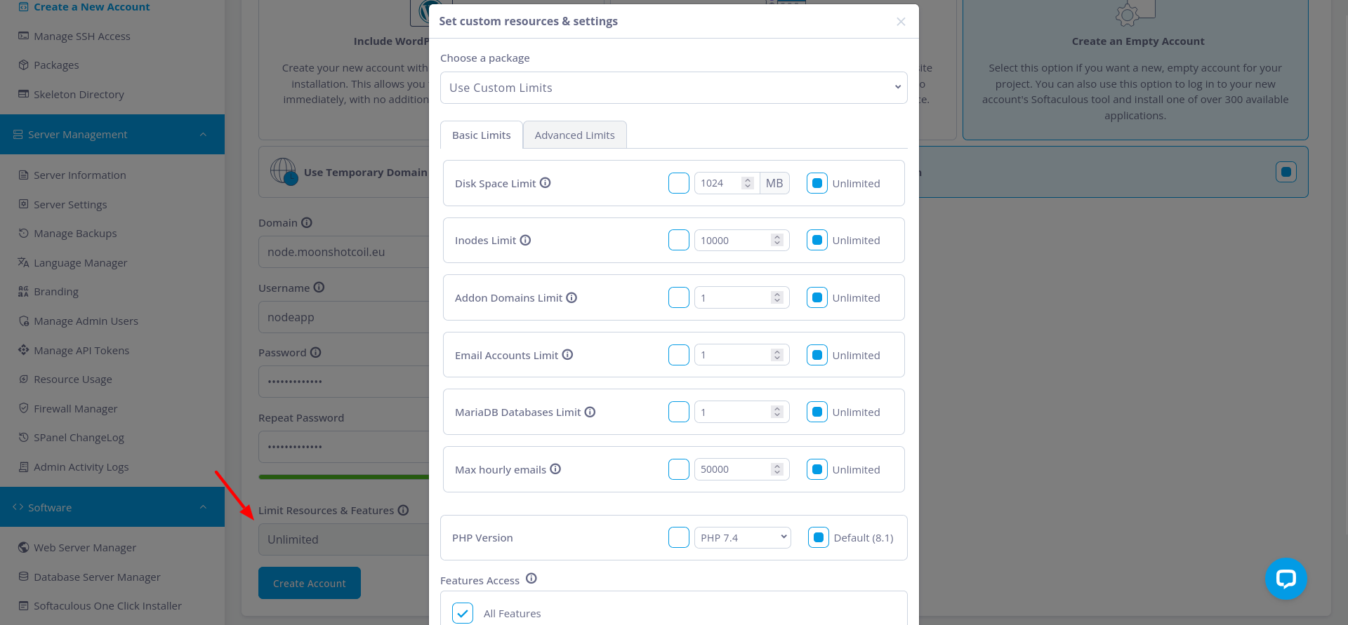 SPanel resource limits and feature settings for a hosting account