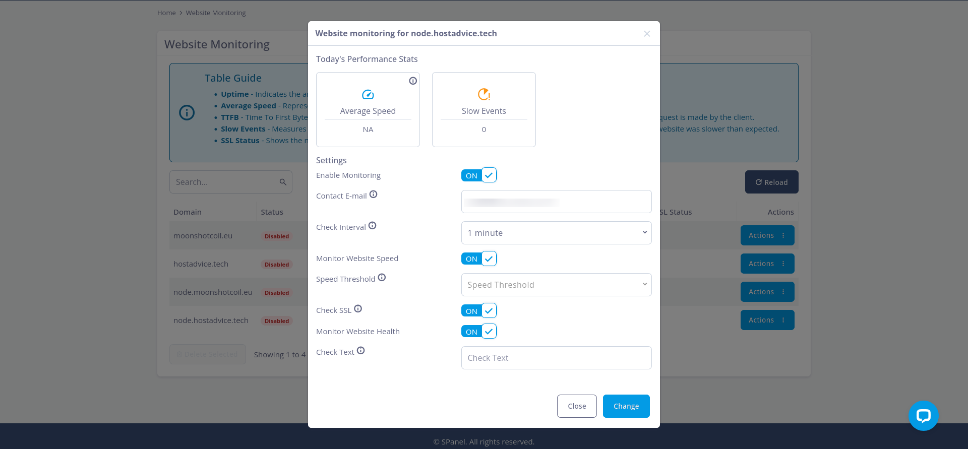SPanel Website Monitoring configuration with speed, SSL, and health checks