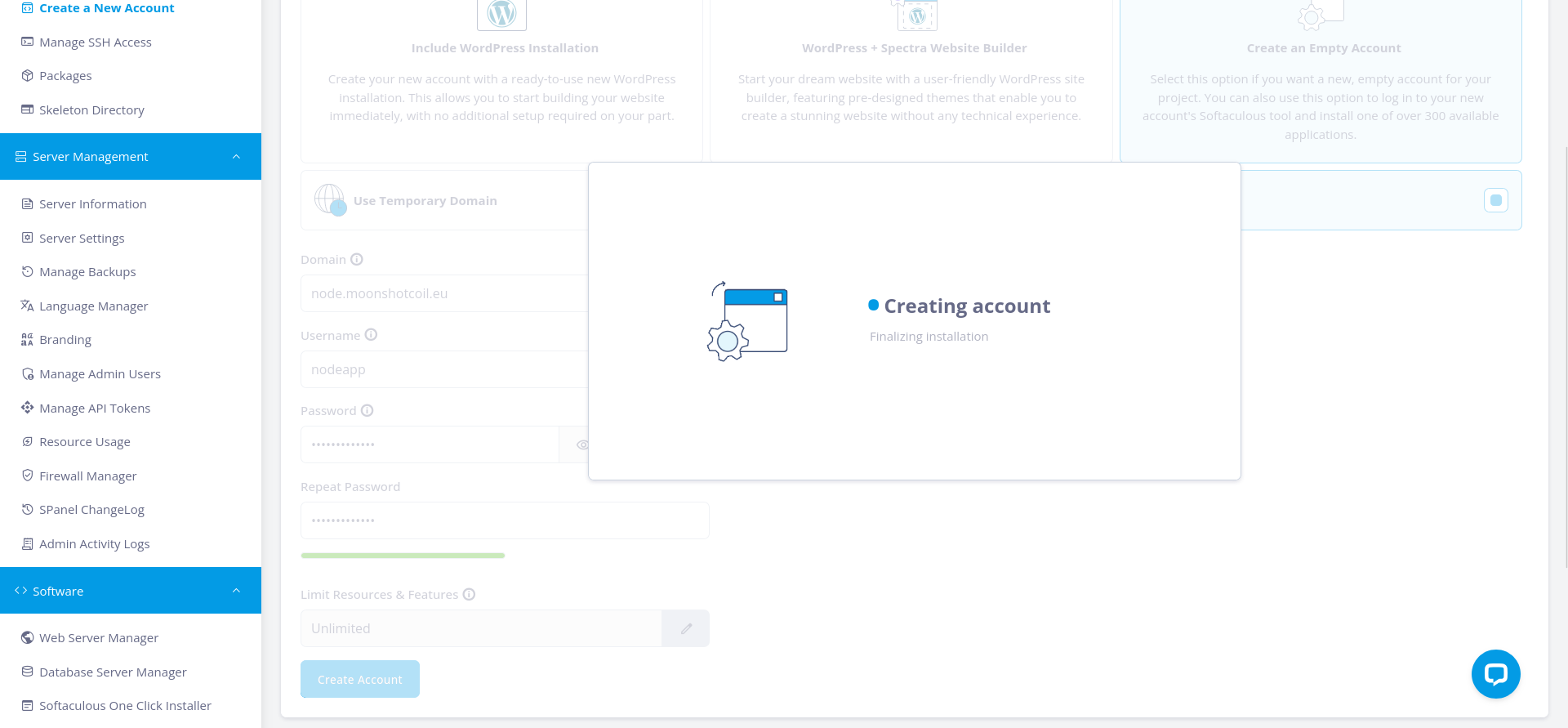 SPanel provisioning status while creating a hosting account