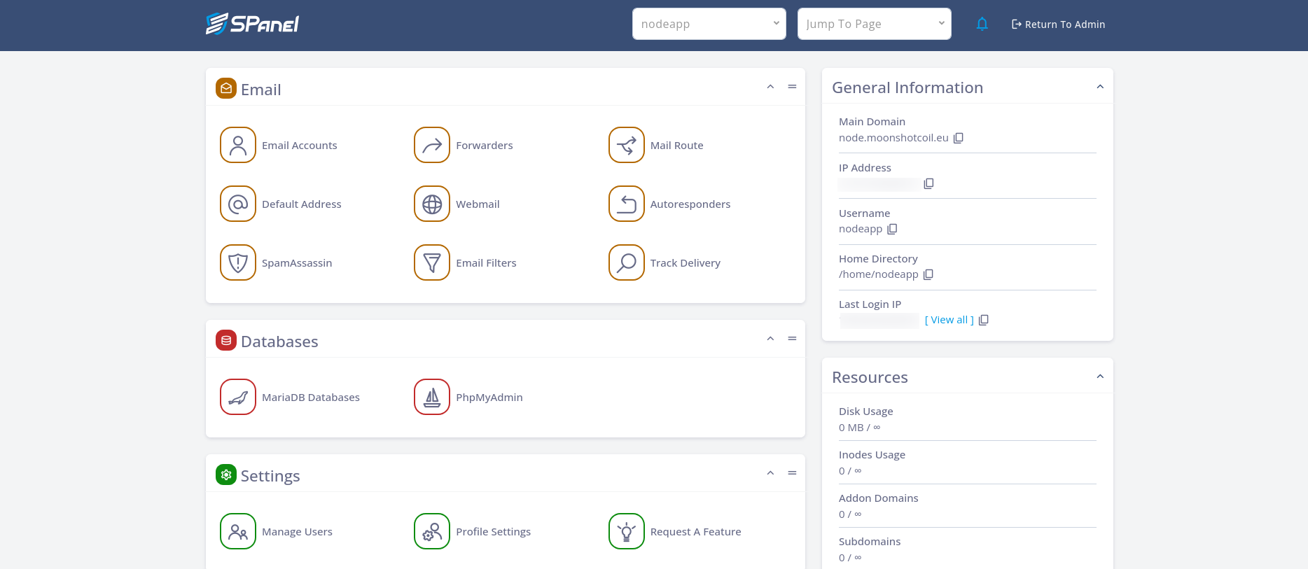 SPanel account dashboard with domain, Git, SSH, SSL, logs, and NodeJS Manager tools