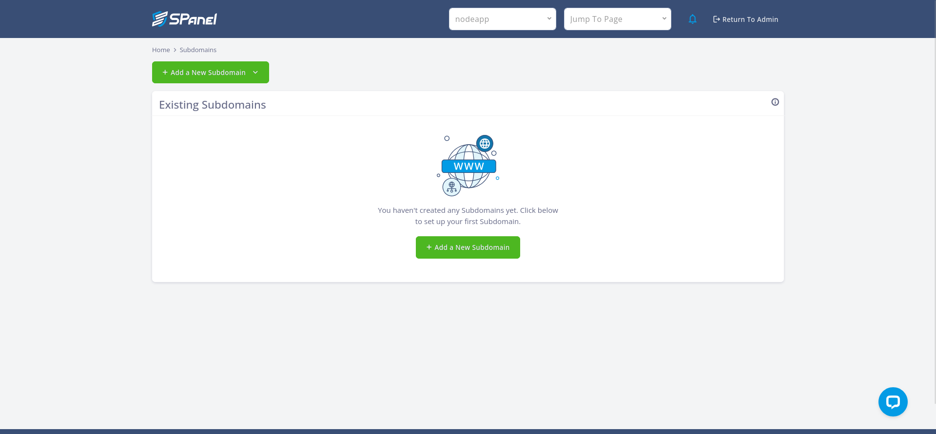SPanel Subdomains page before creating an application hostname