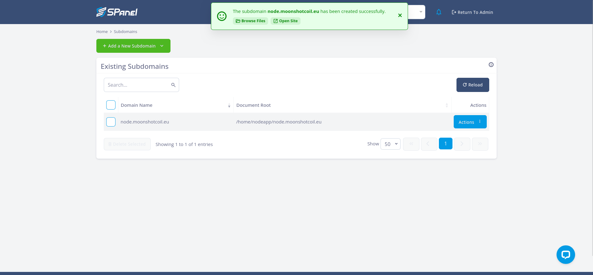 SPanel Existing Subdomains list showing the application hostname and document root