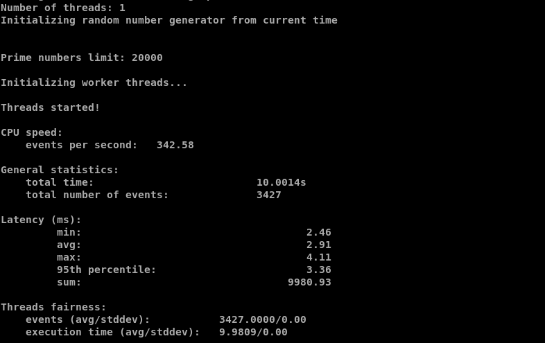 Infrawire single-thread sysbench CPU test showing 342.58 events per second and a 2.91 ms average event latency.