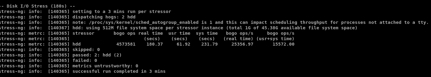 Infrawire's 180-second disk I/O stress test with two workers completed successfully with zero reported failures.