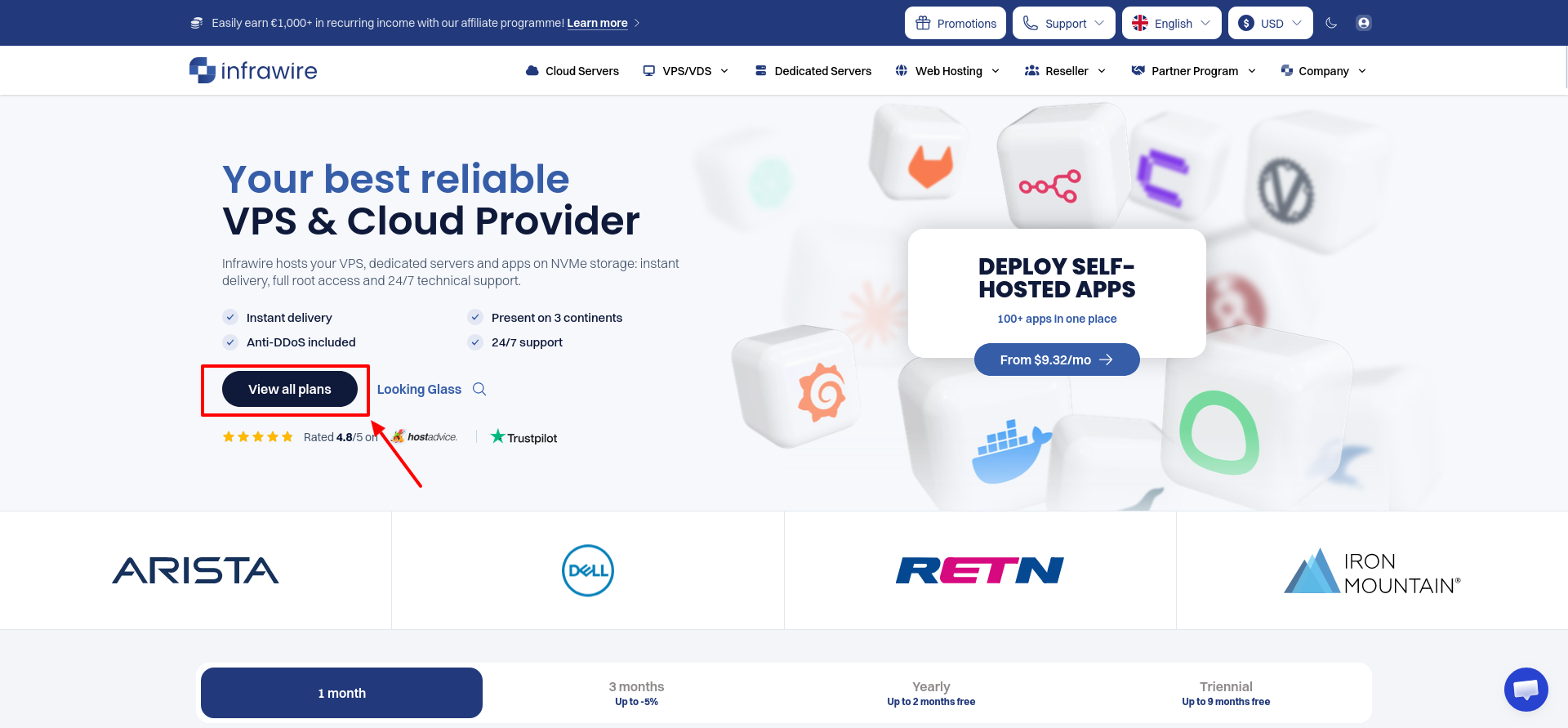Infrawire homepage showing the View all plans button that scrolls to the server pricing section.