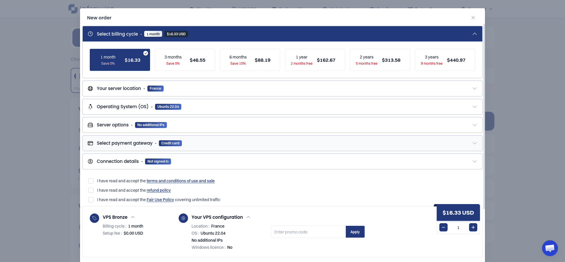 Infrawire VPS Bronze order window showing six billing terms, the monthly selection, and the running order total.