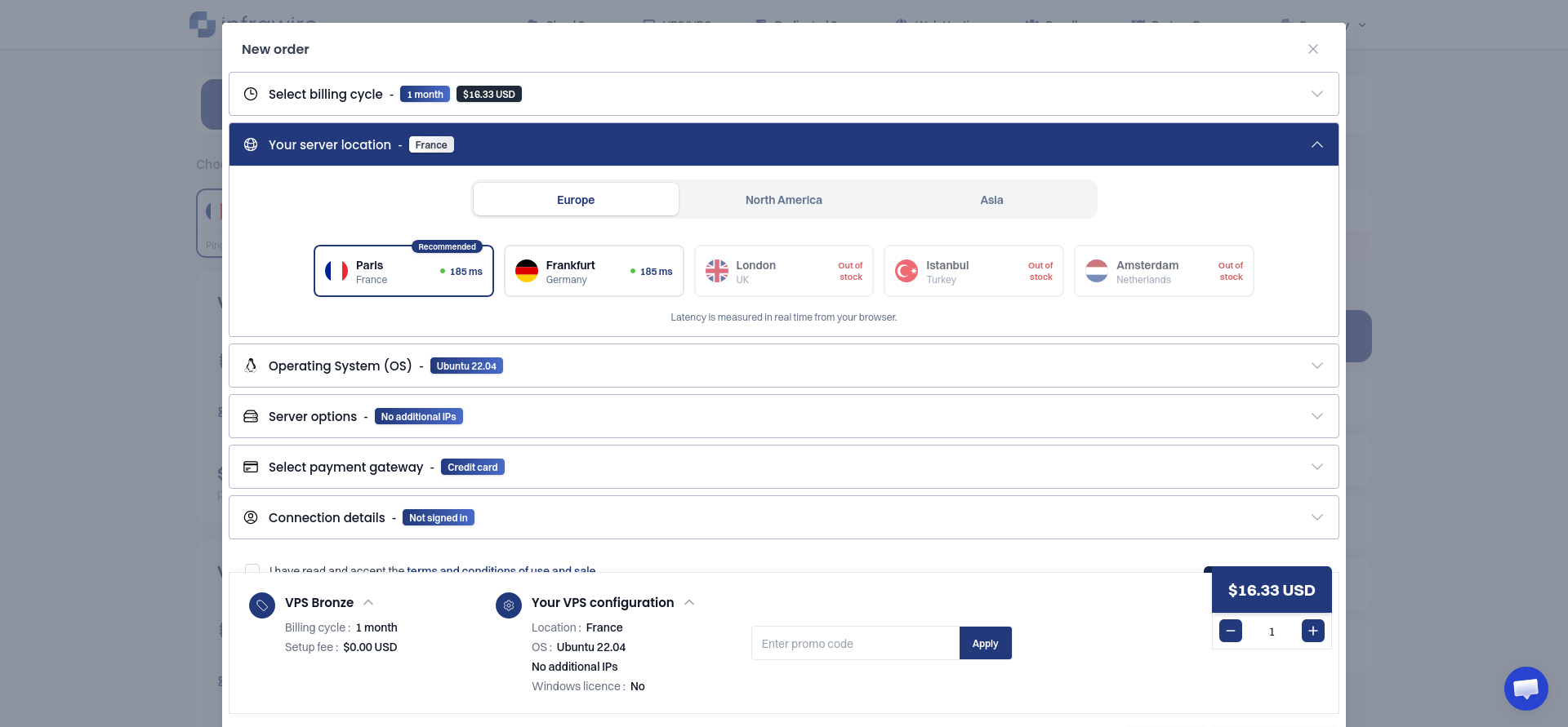 Infrawire order configuration with Paris, France selected and unavailable European locations clearly marked.