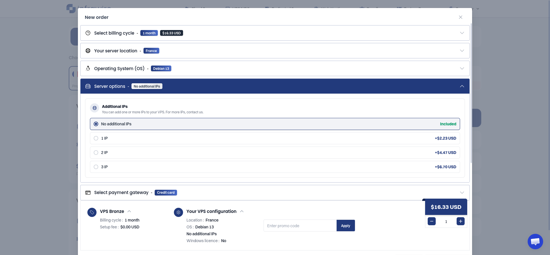 Infrawire Server options panel showing no additional IP addresses selected and the extra charges for one, two, or three IPs.
