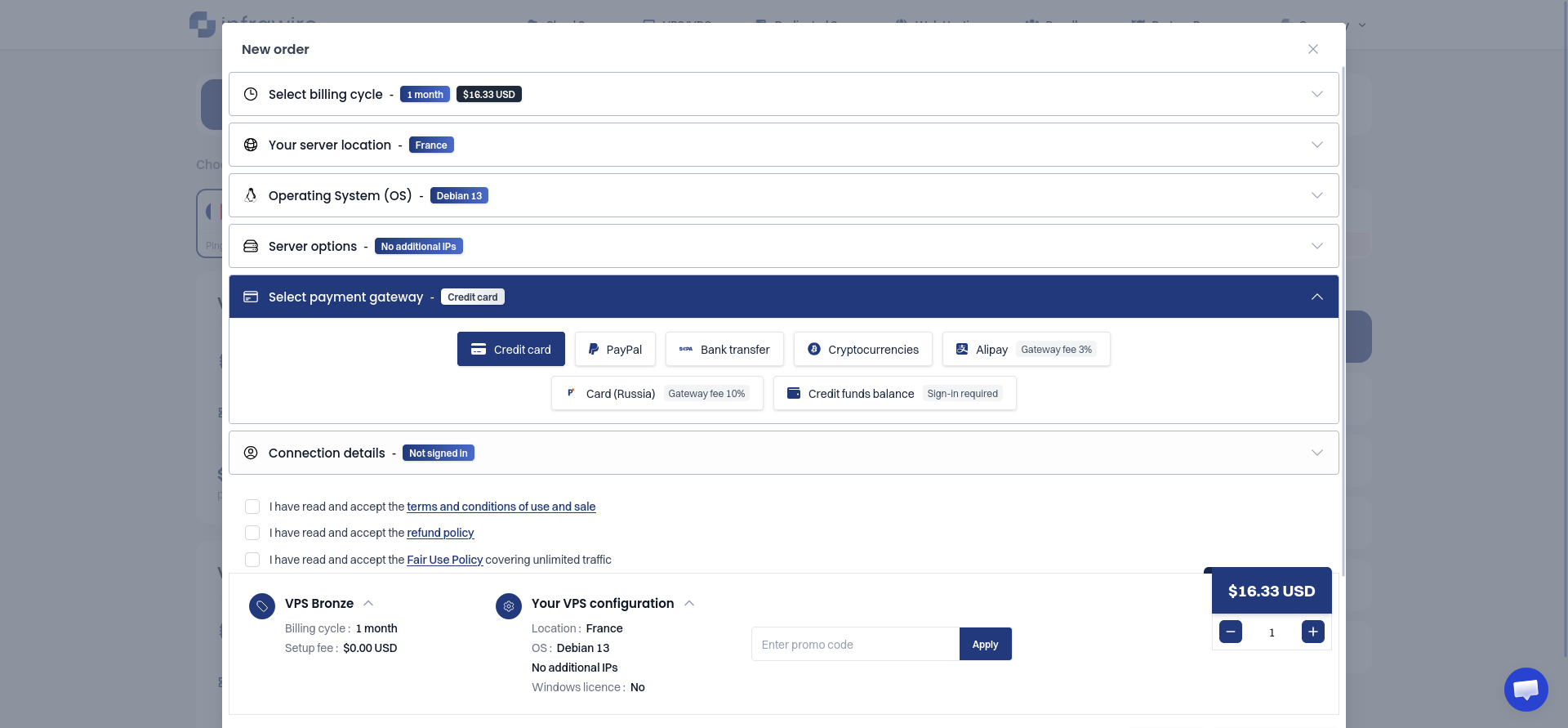 Infrawire checkout showing the available payment gateways, including cards, PayPal, bank transfer, cryptocurrencies, and fee labels for selected methods.