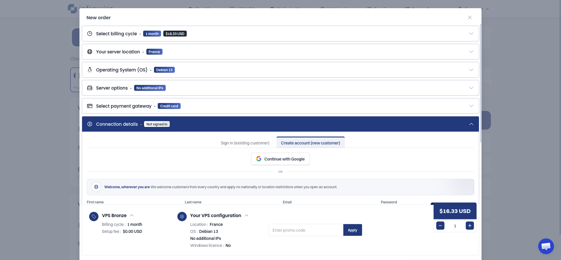 Infrawire checkout with the selected VPS configuration visible and the account-registration section still collapsed.