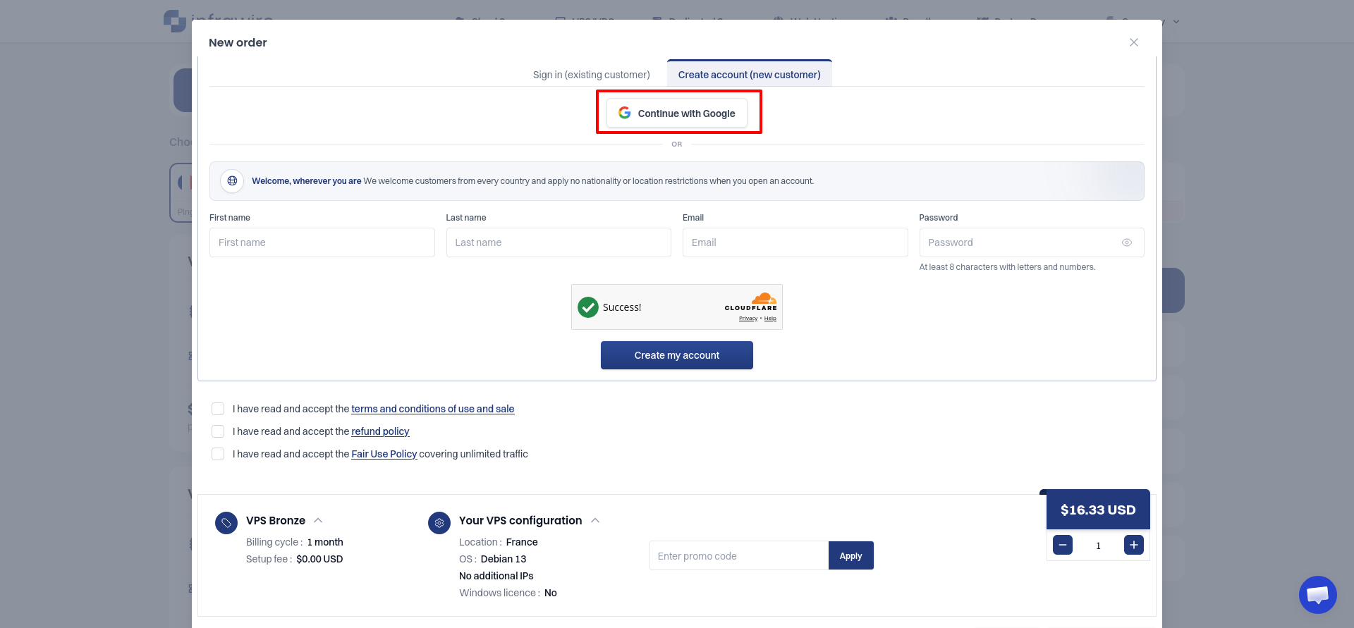 Infrawire account registration panel offering Google sign-in or a four-field signup form before order submission.